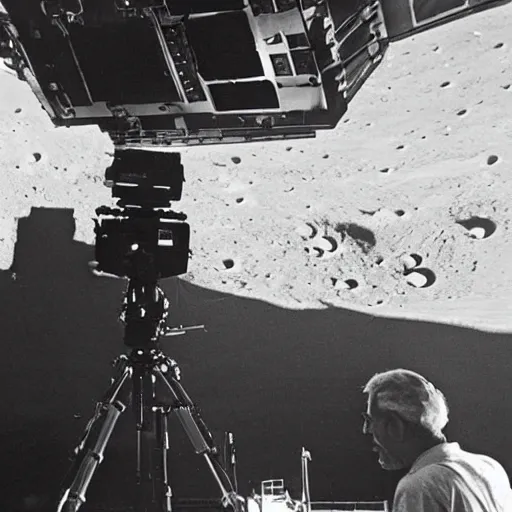 Prompt: a picture of the moon landing being filmed in a a film studio