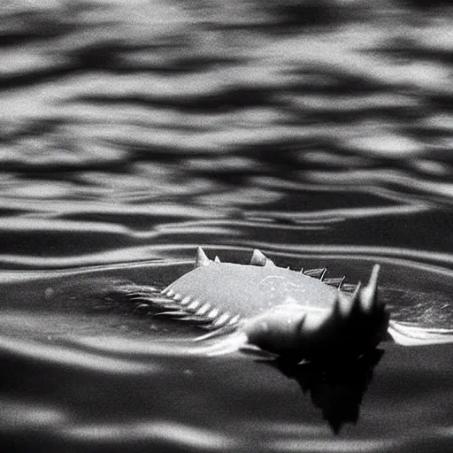 Image similar to a real life gyarados swimming in a lake, proof photograph, black and white, blurry, old camera, grainy, motion blur, unfocused