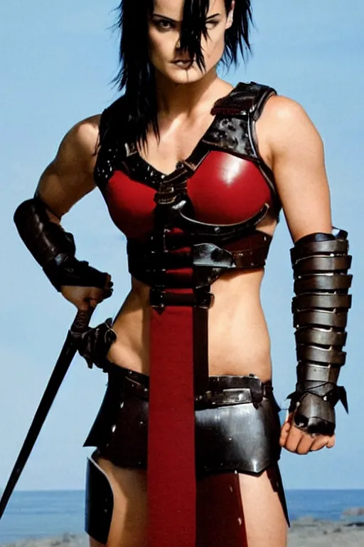 Image similar to realistic photograph. female warrior, 2 7 years old. jaimie alexander. her hair is short, straight, raven - black. fair - complected but tan. tall and gracile, except for her thick ripped vascular buff muscular arms and her ample bust. she wears sleeveless modest practical red & black leather armor with golden highlights that leaves only her muscular arms exposed.