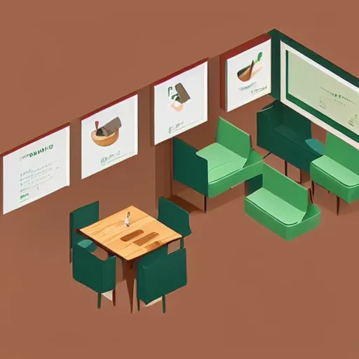 Image similar to isometric cartoon of cannabis leaf cafe with desks and chairs, by benoit mandelbrot, low poly minimal interior design