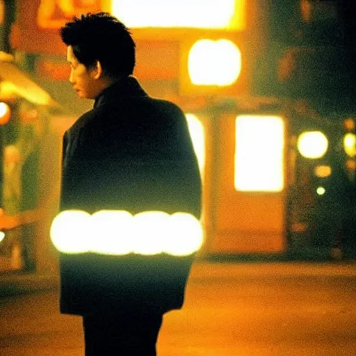 Prompt: lonely walk at midnight, movie by wong kar-wai