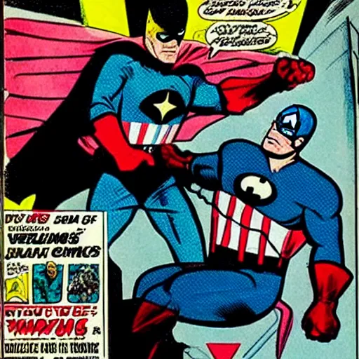 Image similar to comic book pane of Captain America arresting Batman, silver age of comics, Jack kirby illustration