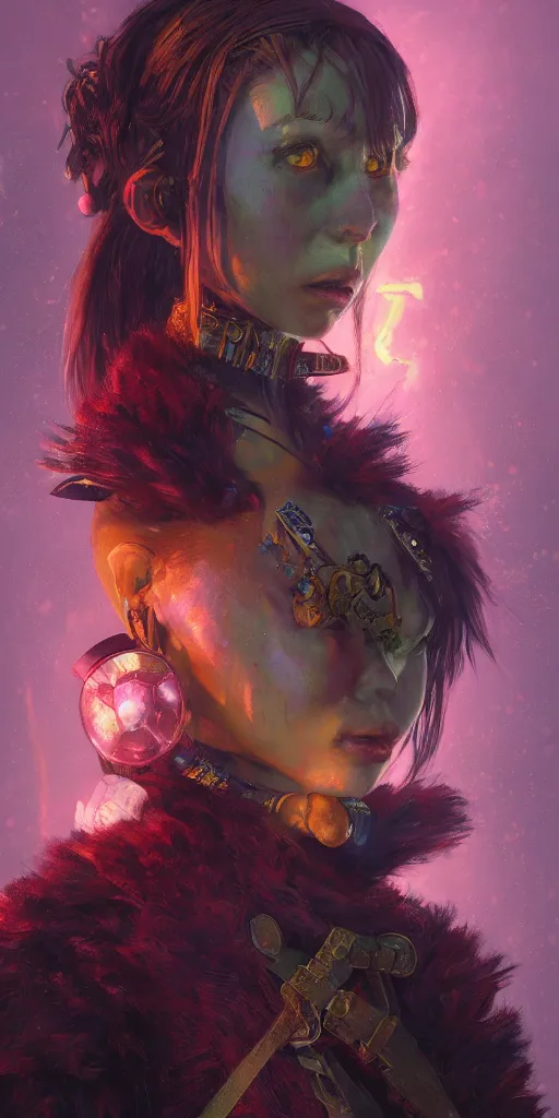 Prompt: A beautiful colorful portrait of a furry gothic warrior Girl, oil painting, final fantasy, Greg Rutkowski, Ilya Kuvshinov, blade runner, star wars, unreal 5, hyperrealistic, octane render, fullbody RPG portrait, dynamic lighting, fantasy art, beautiful face, gustav klimt