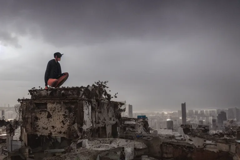 Image similar to Photo of a man sitting on the roof of a car in a sunken city in heavy rain., outdoor lighting, dynamic lighting, volumetric, wide angle, anamorphic lens, go pro, 4k