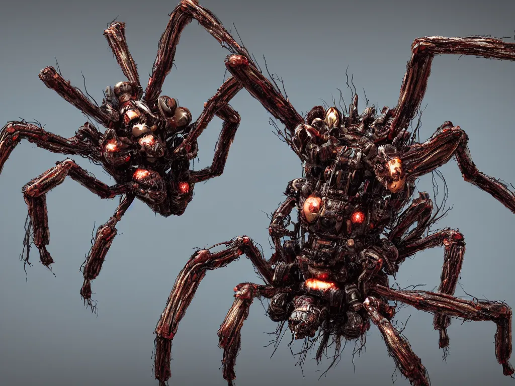 Prompt: Techno-biological iron-meat spider with big artillery cannon on his head consisting of tumors, veins, guts, kidneys, wires, long spider paws, chitin, bones. Bodyhorror, biopunk, extremely high detail, ultra realistic, photorealism, concept art, octane render, view from a distance, 8k, 16k
