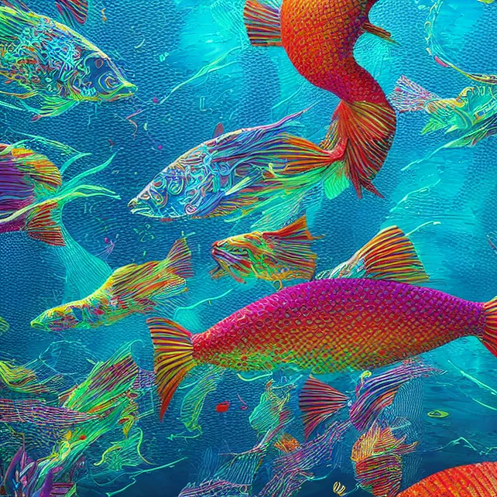 Prompt: colorful fish swimming, in intricate abstract. delicate artwork. by Tooth Wu, wlop, beeple, dan mumford. octane render, trending on artstation, greg rutkowski very coherent symmetrical artwork. cinematic, hyper realism, high detail, octane render, 8k, depth of field, bokeh. chrome accents.