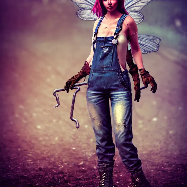 Image similar to full body pose, beautiful adult anarchy fairy, dirty, grungy, grunge, overalls, highly detailed, 4 k, hdr, smooth, sharp focus, high resolution, award - winning photo, artgerm, photorealistic