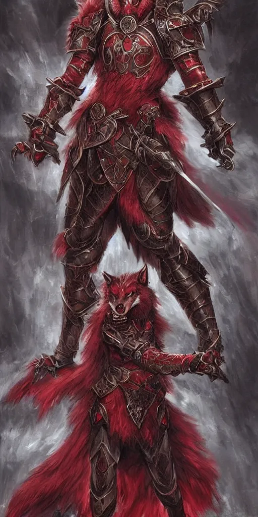 Image similar to beautiful, highly detailed, anthropomorphic elegant crimson wolf knight furry in armor, magic the gathering