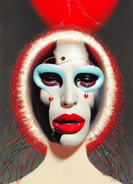 Prompt: an 8 0 s portrait of a woman with dark eye - shadow and red lips with dark slicked back hair, a mask made of wire and beads, dreaming acid - fueled hallucinations, psychedelic by serge lutens, rolf armstrong, peter elson, red cloth background, frilled puffycollar