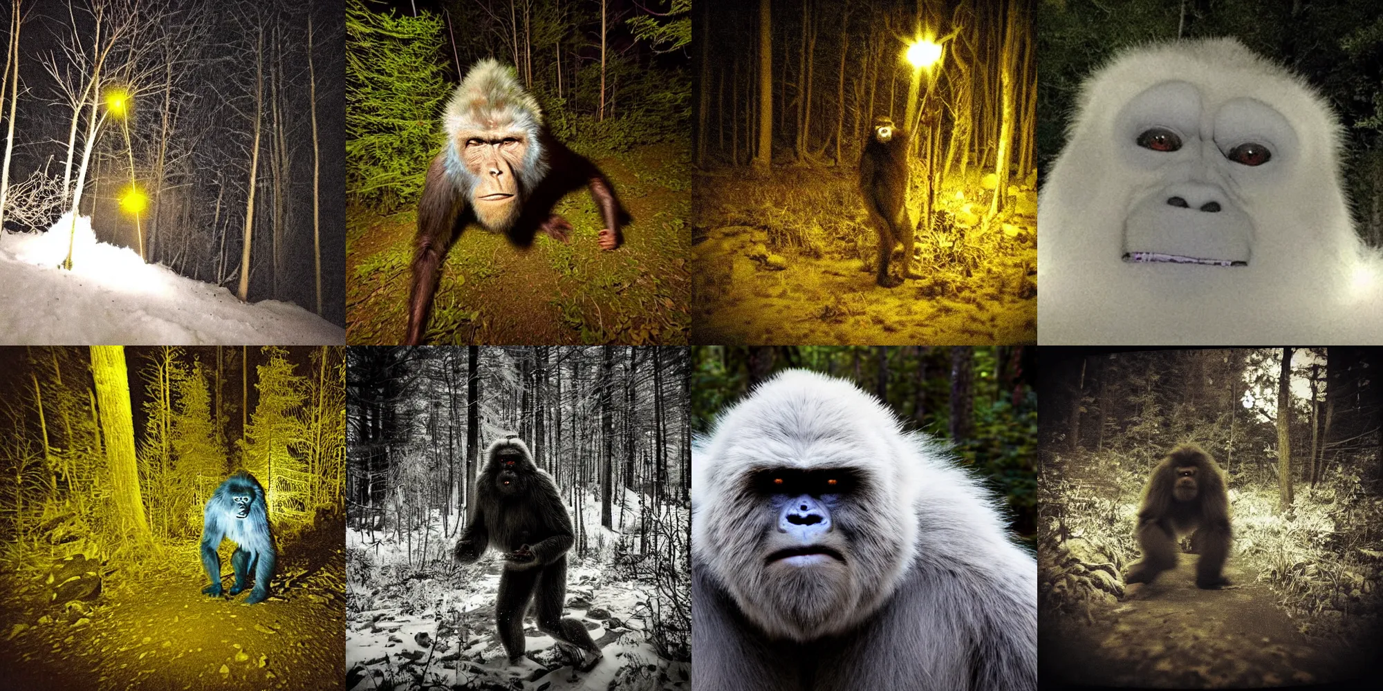 Prompt: trail camera photograph of a yeti at night in the forest. obscurity. darkness!!!. flash light. glowing yellow eyes. giant ape. motion blur. dim light.