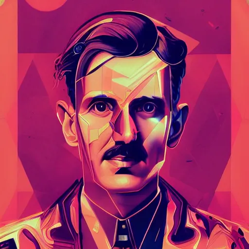 Image similar to majestic futuristic visionary inventor nikola tesla profile picture by sachin teng and android jones, masterpiece, organic painting, matte painting, technical geometrical drawing shapes, electrical color, hard edges, graffiti, street art by sachin teng
