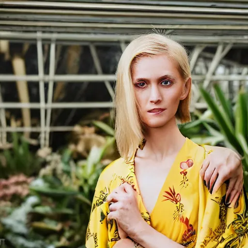 Prompt: head to shoulder portrait film photograph of an elegant top model blond woman wearing a yellow kimono with a very detailed barn owl on her shoulder!!! in a tropical greenhouse. looking at the camera!!. super resolution. 85 mm f1.8 lens.bokeh. graflex. by Alessio albi !