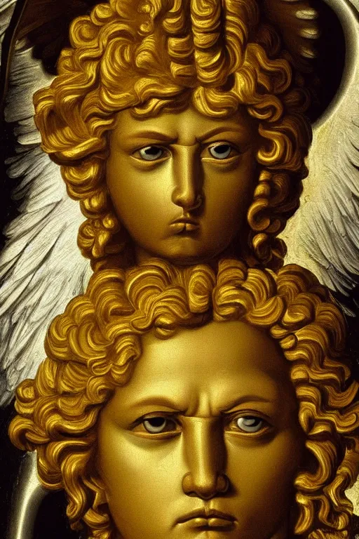 Image similar to archangel Michael, angry face, closeup, ultra detailed, made in gold, Guido Reni style