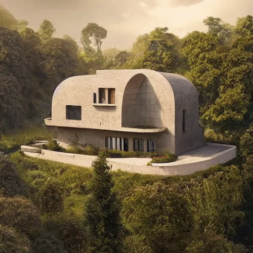 Prompt: beige house with walled in garden, on a hill surrounded by big trees, dramatic lighting, artstation, matte painting, raphael lacoste, simon stalenhag, frank lloyd wright, drone view