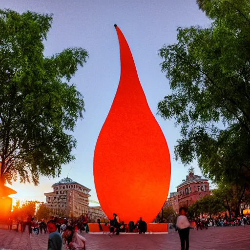 Image similar to symmetrical photo of giant mango sculpture on red square, super ariel wide shot, bokeh, golden hour