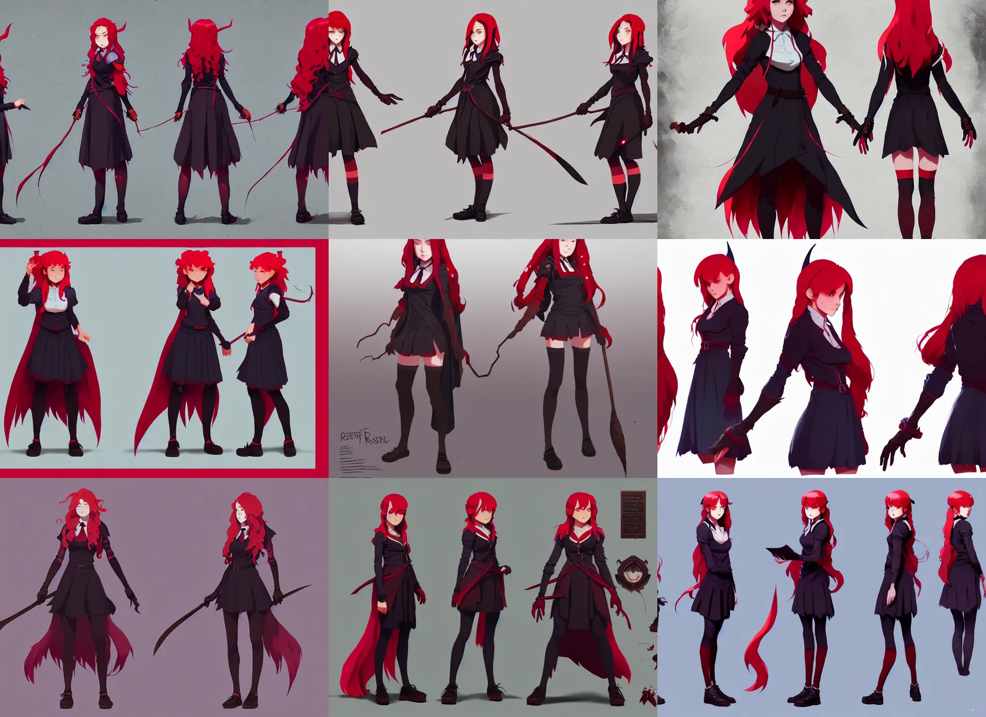 Image similar to character sheet of attractive female student witch by greg rutkowski, magic school uniform, glowing red hair color, by studio ghibli and ross tran, digital art, trending on artstation, highly detailed, concept art, beautiful, masterpiece