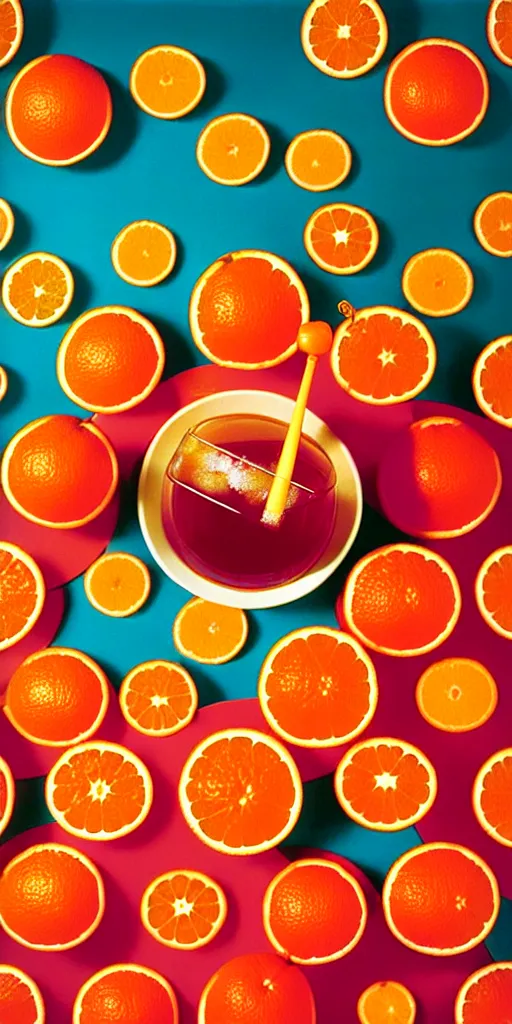 Prompt: campari and oranges organized in a seamless repeating pattern of campari and oranges, colourful, symmetrical, repeating 3 5 mm photography, in the style of toiletpaper magazine, surreal, high detail, photograph by slim aarons, wes anderson,