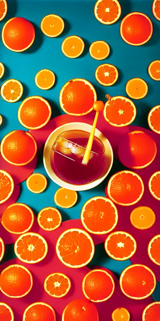 Image similar to campari and oranges organized in a seamless repeating pattern of campari and oranges, colourful, symmetrical, repeating 3 5 mm photography, in the style of toiletpaper magazine, surreal, high detail, photograph by slim aarons, wes anderson,