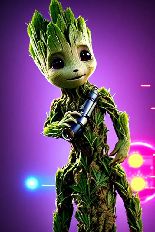 Image similar to high quality 3 d render very cute beautiful creature with a cannabis inflorescence instead of a head, like baby groot! incorporated speakers!, cyberpunk highly detailed, unreal engine cinematic smooth, in the style of blade runner & detective pikachu, hannah yata charlie immer, moody light, low angle, uhd 8 k, sharp focus