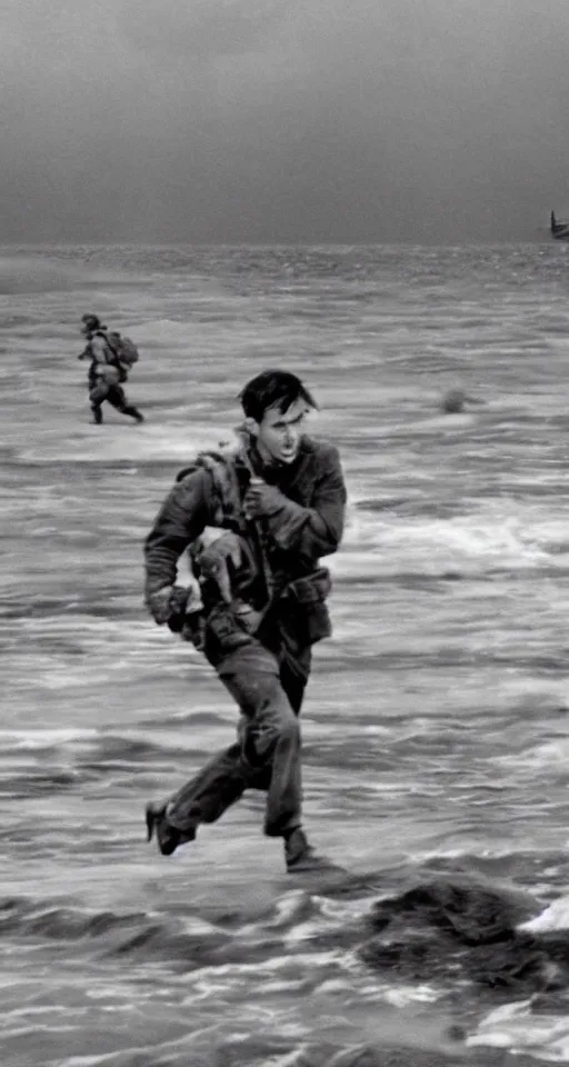 Prompt: film still of Daniel Radcliffe storming Normandy beach in Saving Private Ryan