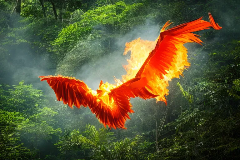 Prompt: photo of a burning phoenix origami fying over the rainforest, award-winning photograph, national geographic, wildlife, 8k UHD, lens flare