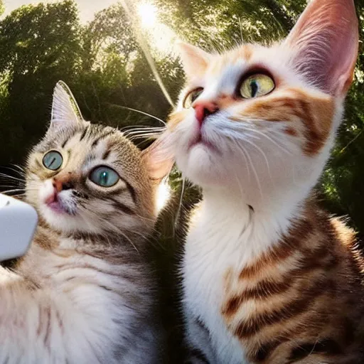 Image similar to photo of cats taking a selfie, award - winning photograph, national geographic, perfect lighting