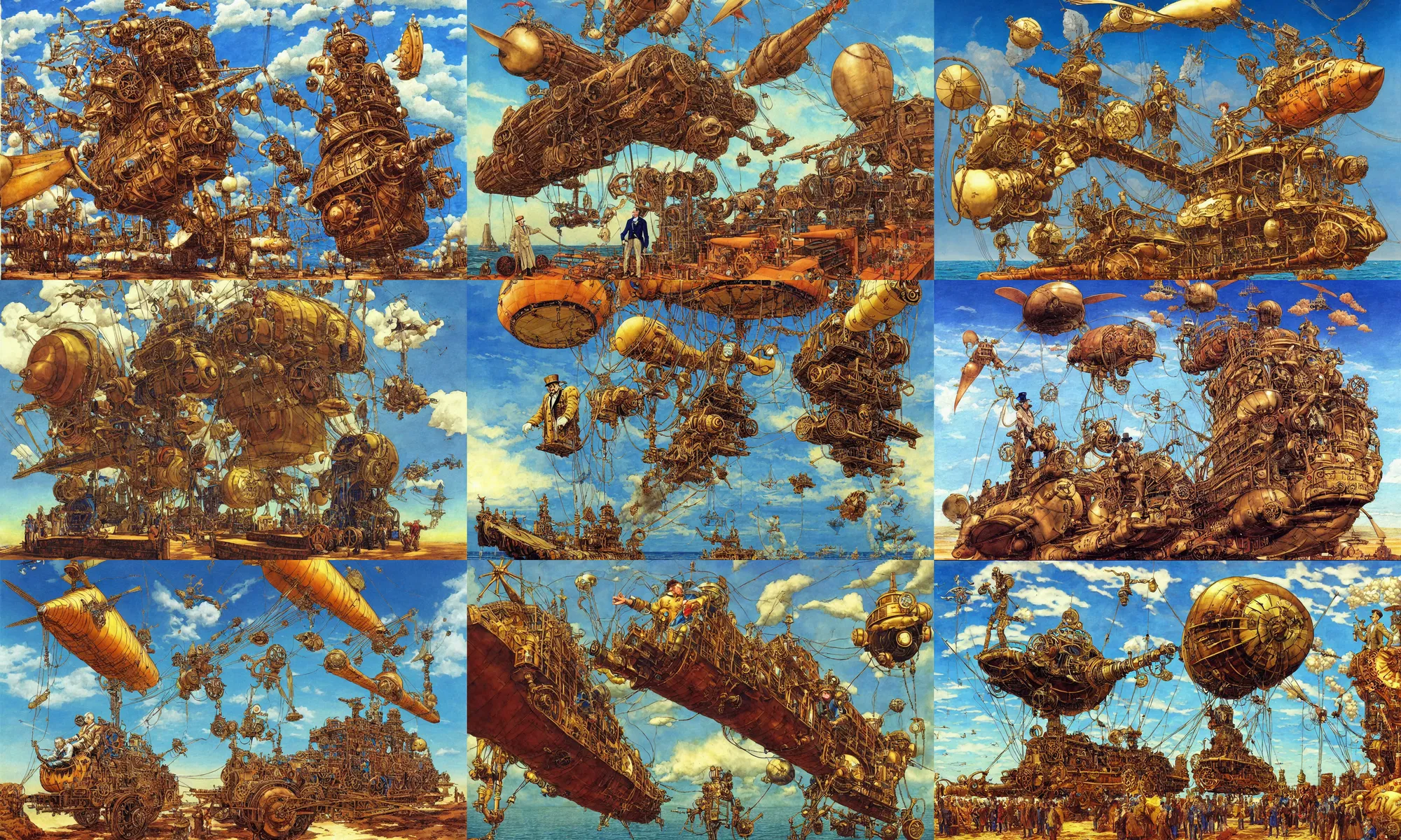 Prompt: a gentleman navigator in a steampunk airship observing giant flying robots harvesting language relations from the vast ocean of a very large language model, painted by josh kirby and jean giraud, ligne claire, very detailed and colorful