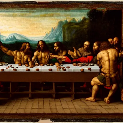 Image similar to neanderthals enacting the last supper by leonardo da vinci, jesus in the middle