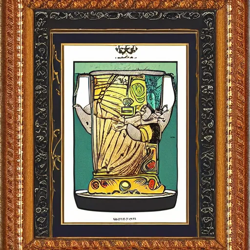 Image similar to sloth as the king of cups, framed, intricate details