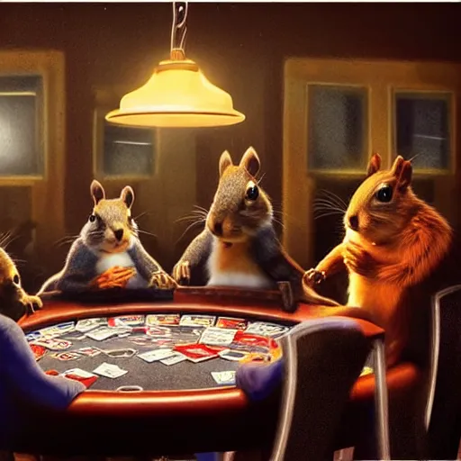 Prompt: still picture of a meeting of squirrels playing poker, dramatic lighting, perfect movie shot, macro