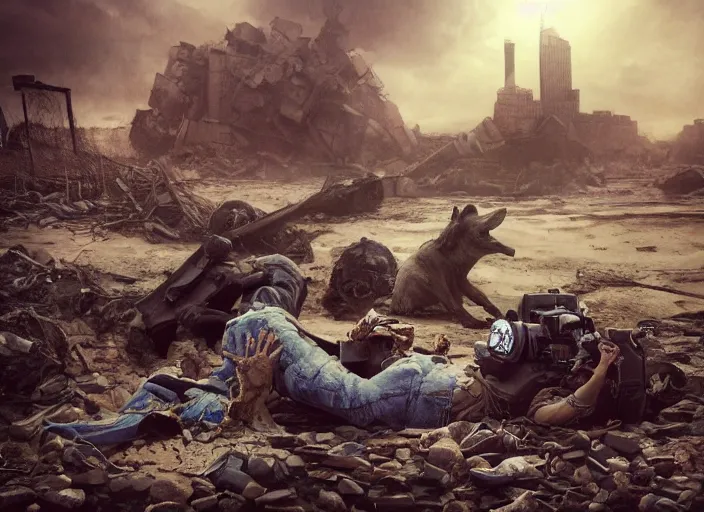 Image similar to a Photorealistic dramatic hyperrealistic render of a ruined destroyed decayed statue of liberty laying in pieces on a desolate beach in a post-apocalyptic world, futuristic nuclear apocalyptic planet of the apes vibe, a single cute corgi sits in the foreground, by WLOP and Artgerm and Greg Rutkowski and Alphonse Mucha, Beautiful dynamic dramatic dark moody lighting, shadows, cinematic atmosphere, Artstation, concept design art, Octane render, 8K, masterpiece