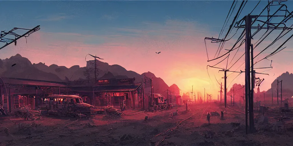 Image similar to train station roadside old west saloon cyber punk post apocalyptic telephone poles billboards cactus graveyard sunset sky clouds illustration by syd mead artstation 4 k 8 k graphic novel concept art matte painting unreal engine ue 5