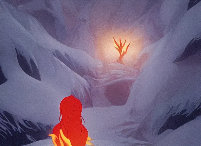 Prompt: flame princess glowing in a stark minimalist frozen creek snowdrift landscape from mulan ( 1 9 9 8 )