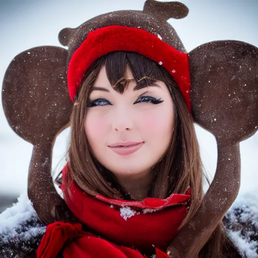 Image similar to reindeer human cosplay in snow 85mm photography