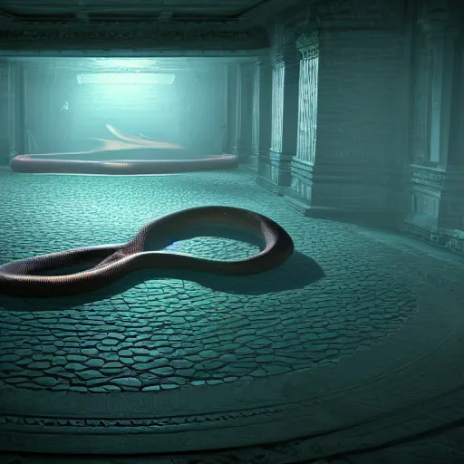 Prompt: A dark room with a large colored snake in the center of it, unreal engine, depth of field, dark fantasy