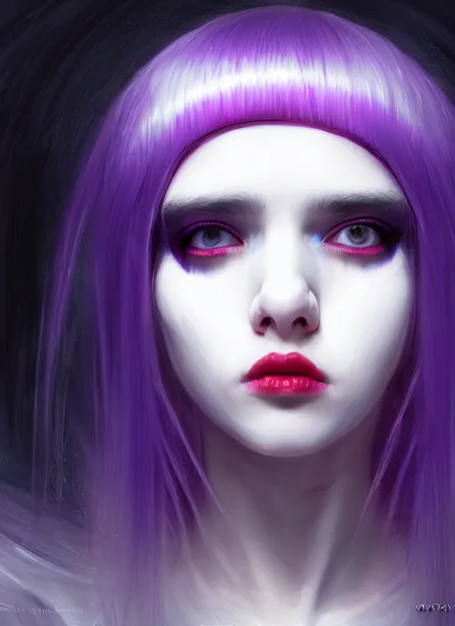 Image similar to hair whitebangs hair, black cyberlox, portrait of teenage girl with white bangs, whitebangsblackhair, messy bangs, cyberlox, whitebangs, red irises, purple clothes, intricate, elegant, glowing lights, highly detailed, digital painting, artstation, concept art, sharp focus, illustration, art by wlop, mars ravelo and greg rutkowski