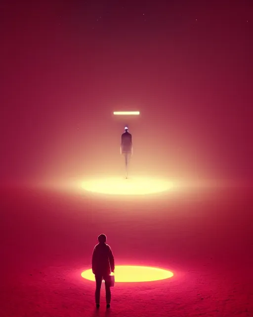 Image similar to a person standing in front of a glowy open door that's on a barren moon, poster art by mike winkelmann, trending on cg society, space art, sci - fi, ue 5, futuristic, volumetric lighting, light casting onto the ground, neat composition and camera angle