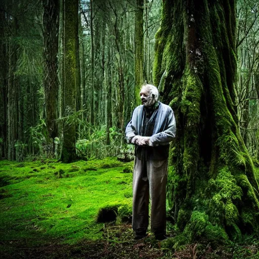 Prompt: old man waiting for you in the forest, mossy forest, mystical, ancient, light from above, fantasy