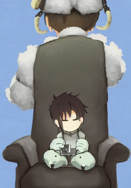 Prompt: beautiful little boy wearing sheep suit using a smartphone while sitting on chair, gray, blue, green and brown pallet color. made in abyss art style, inspired in kris from deltarrune, cute detailed artwork, anatomically correct, soft details,, reflection