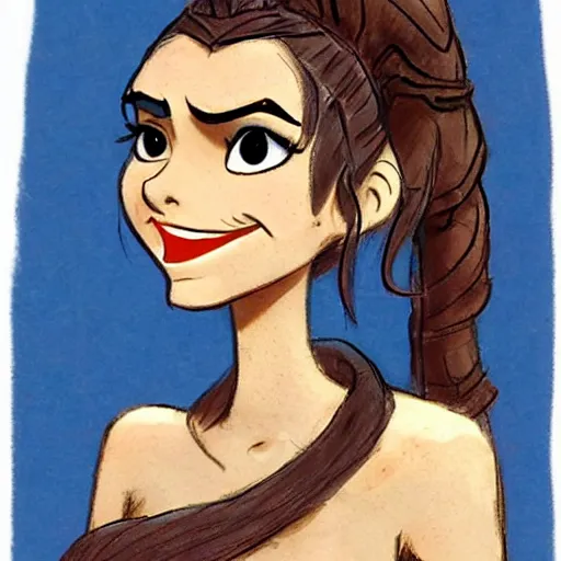 Image similar to milt kahl sketch of victoria justice with done up hair, tendrils covering face and ponytail as princess padme from star wars episode 3