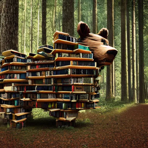 Image similar to Bear made out of old books a forest with impossibly tall trees. 8k resolution. Hyperrealistic.