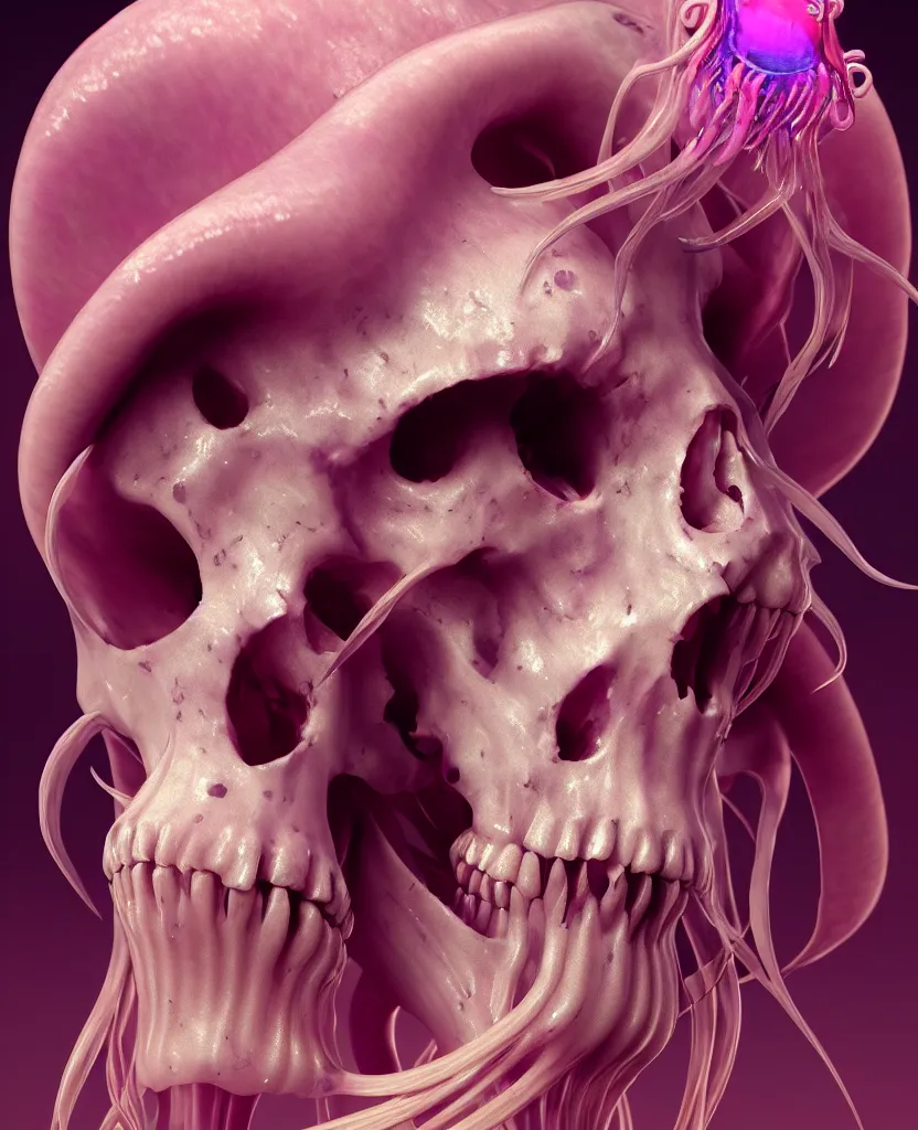 Image similar to goddess close - up portrait human skull, ram skull, squid phoenix jellyfish, orchid, betta fish, bioluminiscent, intricate artwork by tooth wu and wlop and beeple. octane render, trending on artstation, greg rutkowski very coherent symmetrical artwork. cinematic, hyper realism, high detail, octane render, 8 k