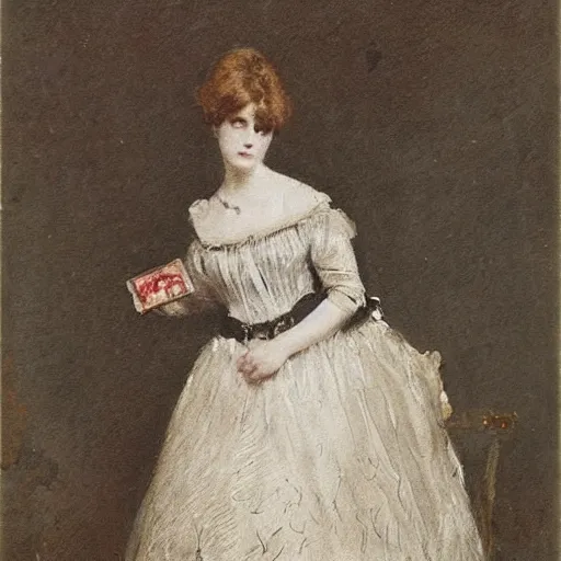 Image similar to young victorian lady in ball gown, a little card and pencil in hand, painted by alfred stevens