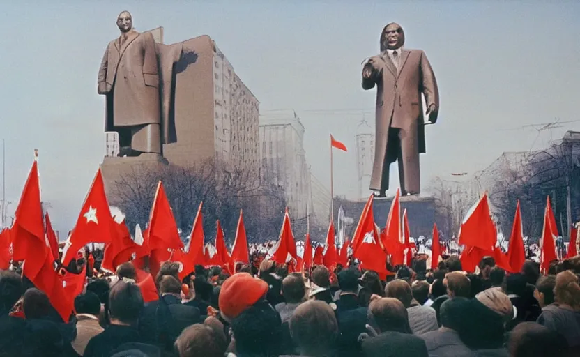 Image similar to 60s movie still of the great soviet's congress with CCCP flags and a statue of Lenin, by Irving Penn , cinestill 800t 10mm eastmancolor, heavy grainy picture, very detailed, high quality, 4k, HD criterion, precise texture