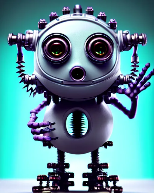 Prompt: a tiny cute cyberpunk monster with cogs rods bolts big eyes smiling waving, back view, isometric 3 d, ultra hd, character design by mark ryden pixar hayao miyazaki, unreal 5, daz, hyperrealistic, octane render, cosplay, rpg portrait, dynamic lighting, intricate detail, front lighting, cinematic, symmetrically isometrically centered