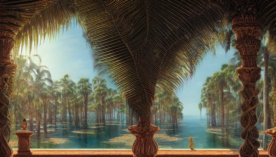 Image similar to a ultradetailed beautiful painting of the amazonas palace balustrade designed by gustave dore, derek zabrocki, greg rutkowski, belsinski, beach, trending on artstation, mediterranean, palm trees, sharp focus, colorful refracted sparkles and lines, soft light, 8 k 4 k