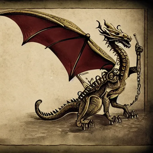 Image similar to a dragon with steam punk machine on it's side, book illustration