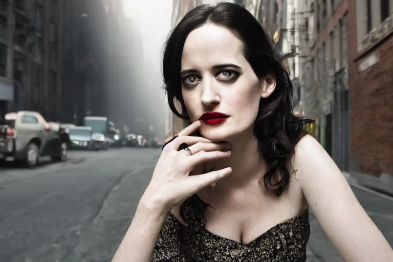 Image similar to closeup portrait Eva Green in a smoky new york back street, by Steve McCurry and David Lazar, natural light, detailed face, CANON Eos C300, ƒ1.8, 35mm, 8K, medium-format print