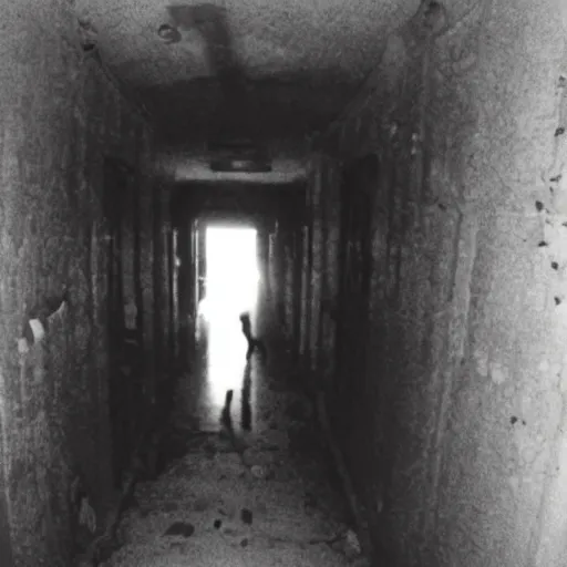 Prompt: hi - 8 night vision camera found - footage of a barely visible, bipedal minotaur with shrouded in darkness at the end of an extremely dark hallway in a basement of an abandoned house