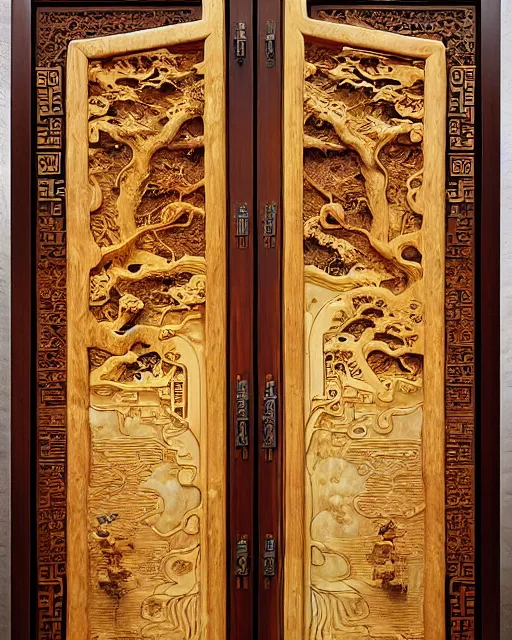 Image similar to ancient chinese wood burl door with intricate gilding and carved ivory, redwood, fantasy art, marc simonetti, ferdinand knab